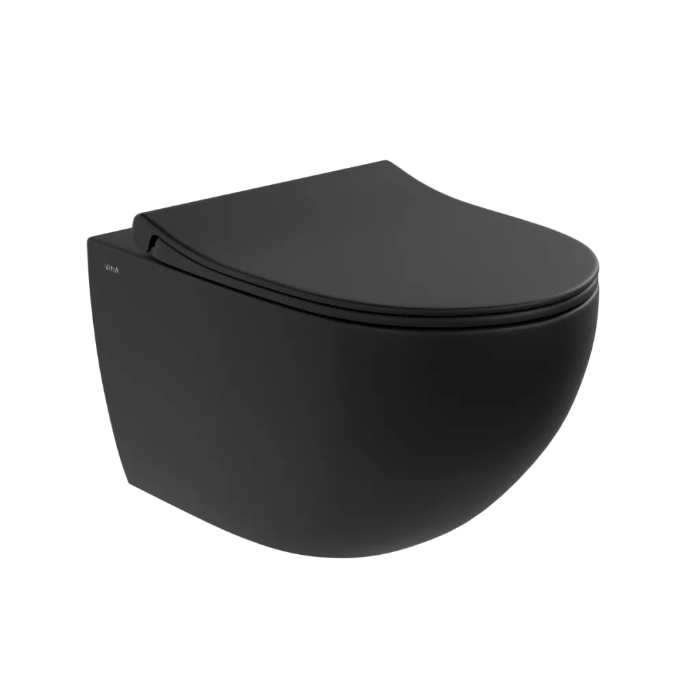 Подвесной унитаз VitrA Sento, безободковый, Rim-ex, матовый черный, санитарный фарфор, антибактериальное покрытие Hygiene, чёрный матовый